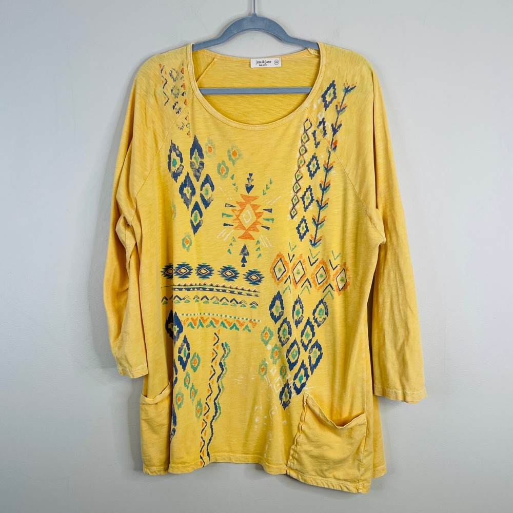 Jess & Jane Southwest Aztec Tunic Top Womens 1X Artsy Colorful Soft Cotton Knit